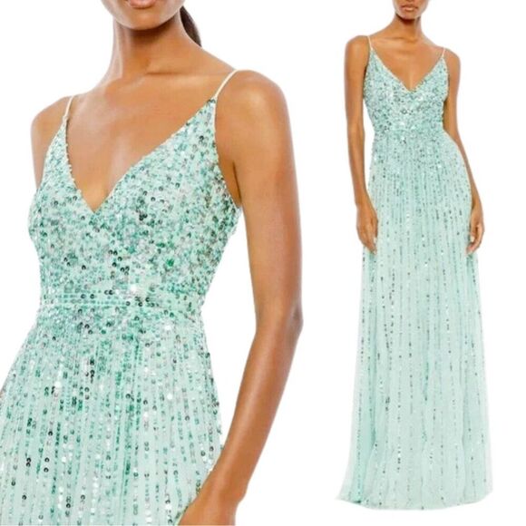 Mac Duggal 10928 Womens Size 12 Light Mint Green Sequined A Line Gown Maxi Dress - Picture 1 of 4